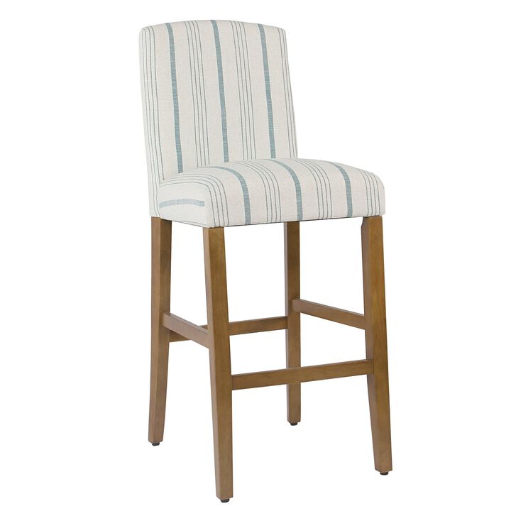 Fabric Upholstered Wooden Barstool with Striped Cushioned Seat, White and Blue - Benzara