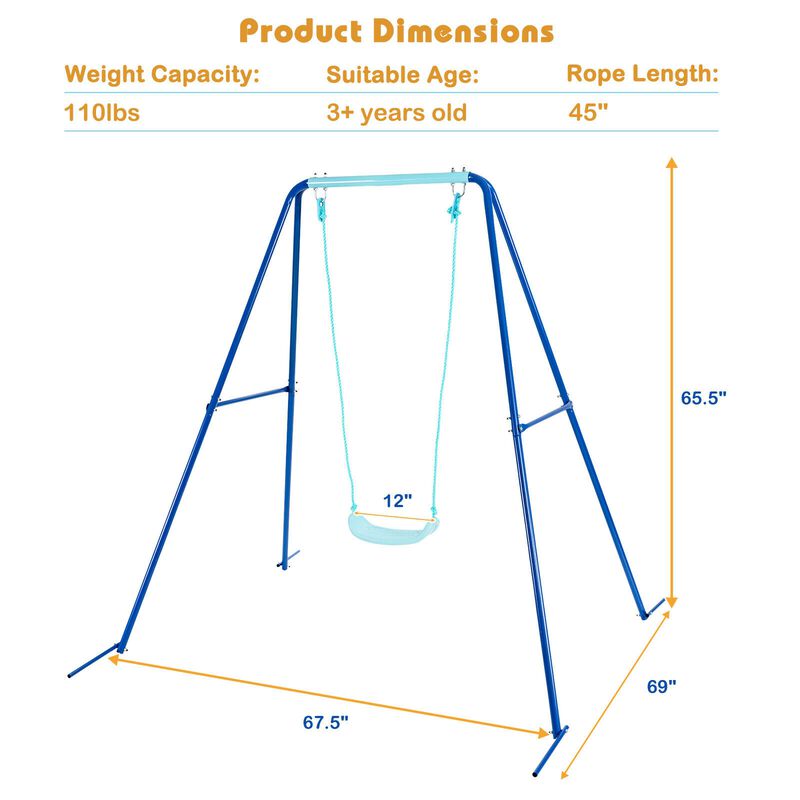 Outdoor Kids Swing Set with Heavy-Duty Metal A-Frame and Ground Stakes