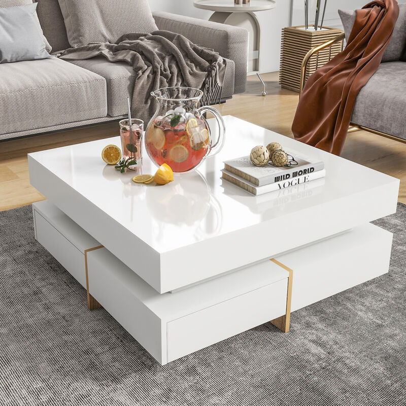 High Gloss 4-Drawer Coffee Table, Multi Storage, Wood Grain Legs, 31.5"X31.5", White