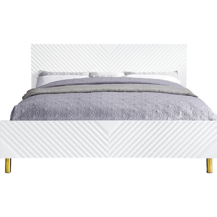 Tyra Modern Queen Bed, Panel Headboard, Luxury Textured Chevron, White Gold-Benzara