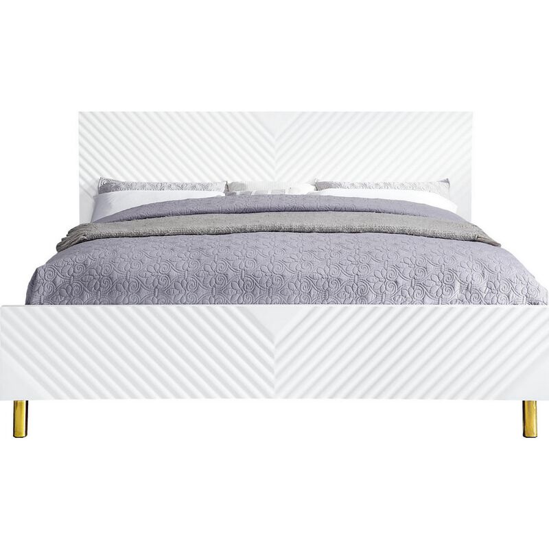 Tyra Modern Queen Bed, Panel Headboard, Luxury Textured Chevron, White Gold-Benzara