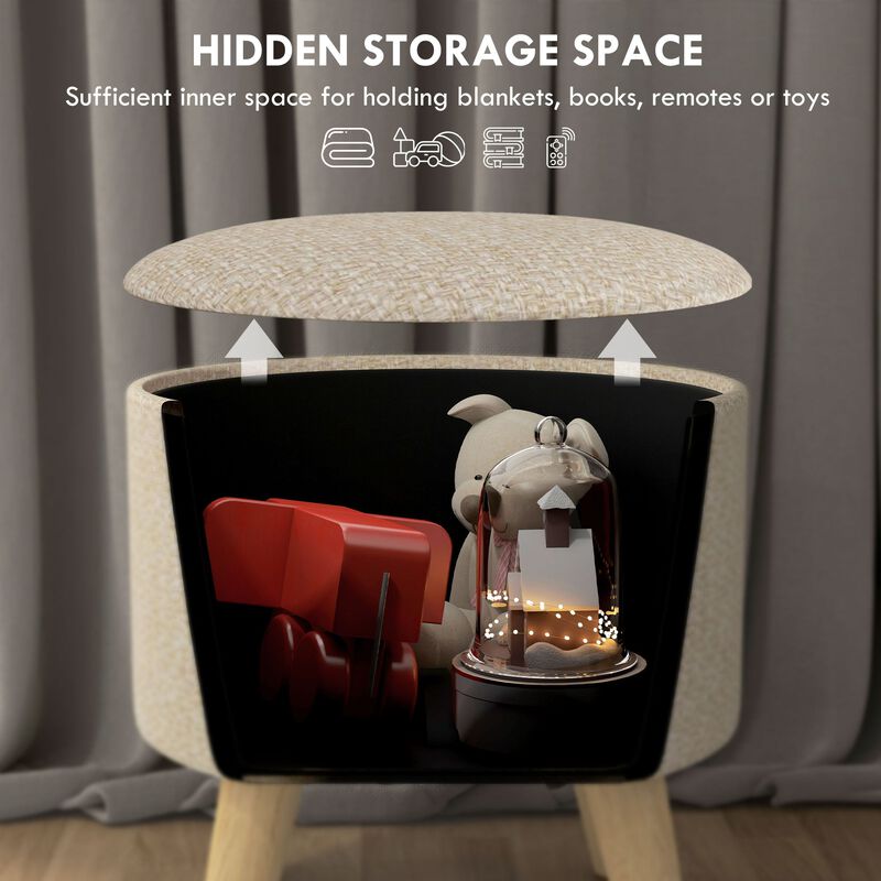 Linen Round Storage Ottoman: Wood Legs, Hidden Space