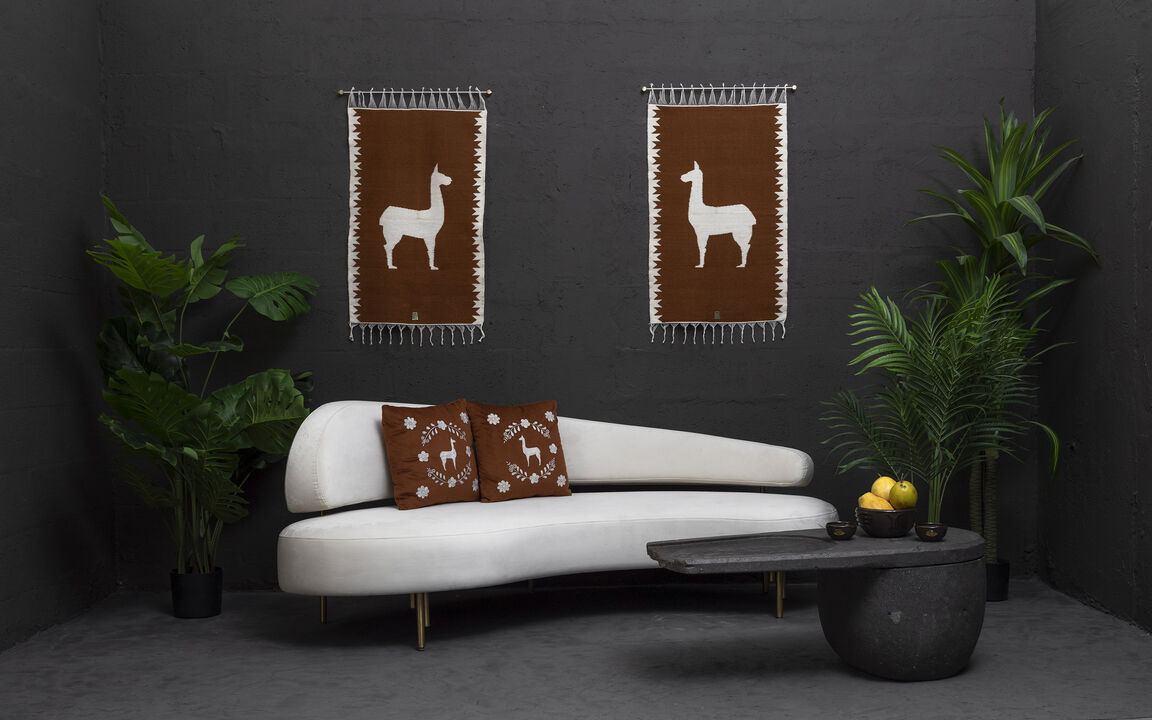 LLAMA Hand Embroidered Decorative Pillows in Terracota Velvet by ANDEAN, Set of 2, In Stock
