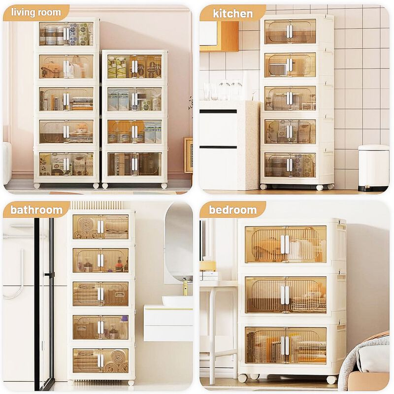 3-Tier Folding Storage Cabinet, Plastic Storage Bins with Magnetic Doors & Wheels for Closet and Home Organization