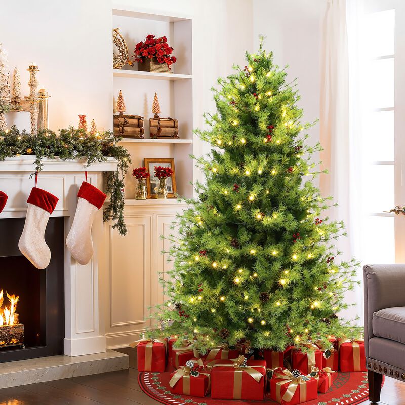 LuxenHome 6Ft Pre-Lit Green Full Artificial Pine Christmas Tree with 8 Light Functions