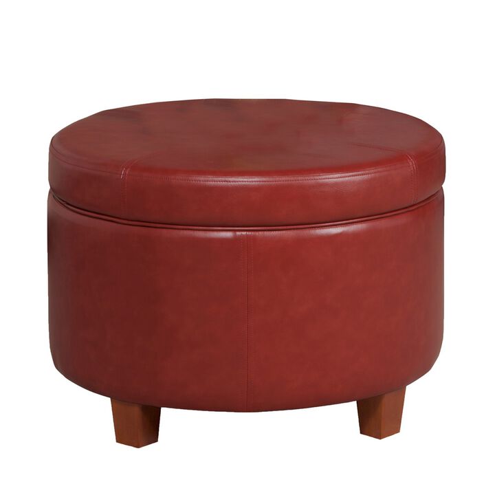 Leatherette Upholstered Wooden Ottoman with Single Button Tufted Lift Top Storage, Red, Large - Benzara