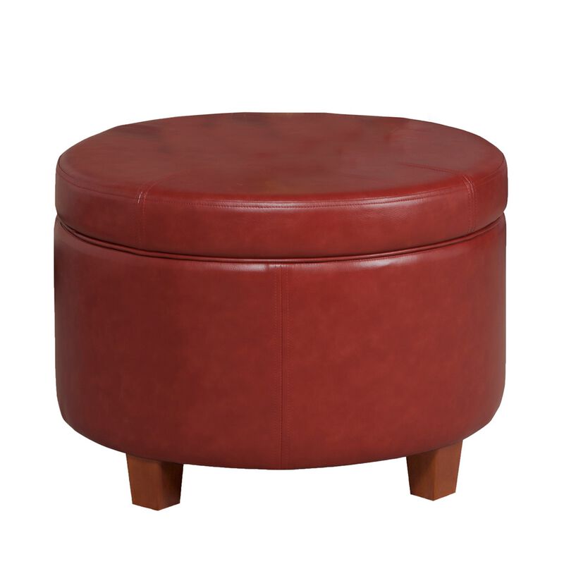 Leatherette Upholstered Wooden Ottoman with Single Button Tufted Lift Top Storage, Red, Large - Benzara