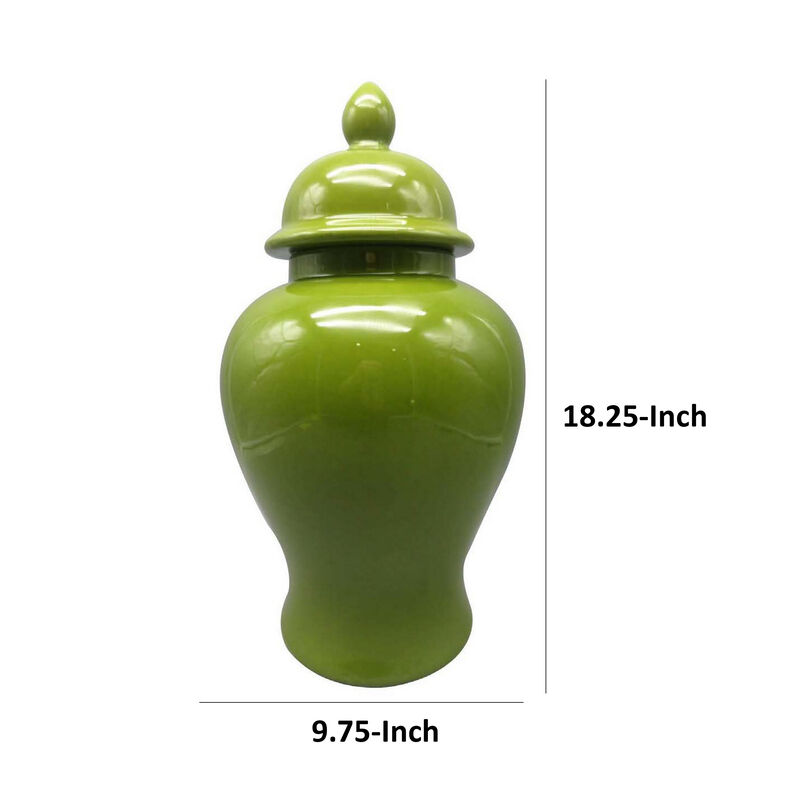 Teli 18 Inch Decorative Temple Ginger Jar, Smooth Ceramic, Glossy Green - Benzara