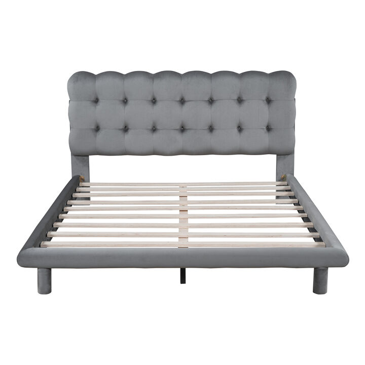 Gray Velvet Platform Bed with LED Frame