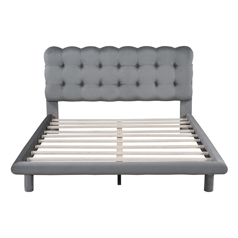 Gray Velvet Platform Bed with LED Frame