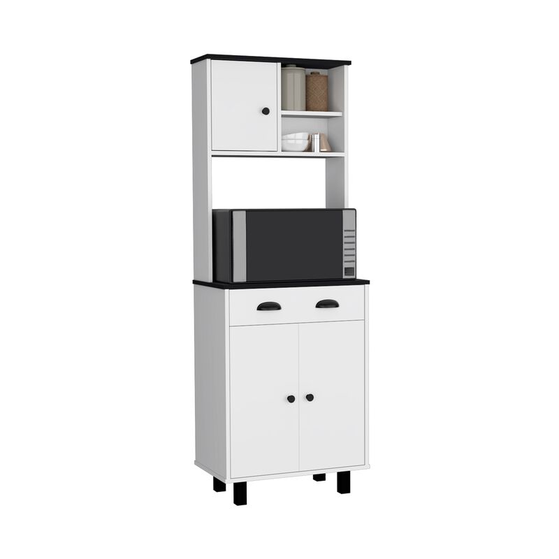 DEPOT E-SHOP Kitchen Pantry 67" H, Two Cabinets, Three Doors, Two Open Shelves, One Drawer, Microwave Storage Option, White/Black