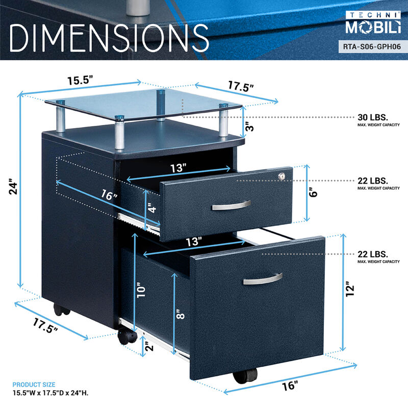 Rolling File Cabinet with Glass Top, Graphite