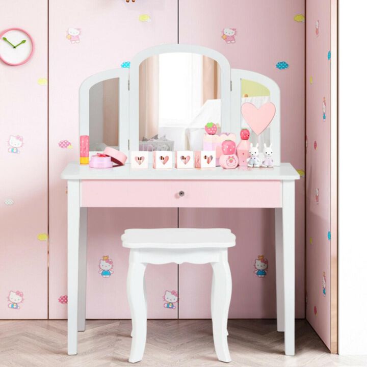 Hivvago Kids Princess Make Up Dressing Table with Tri-folding Mirror and Chair-White