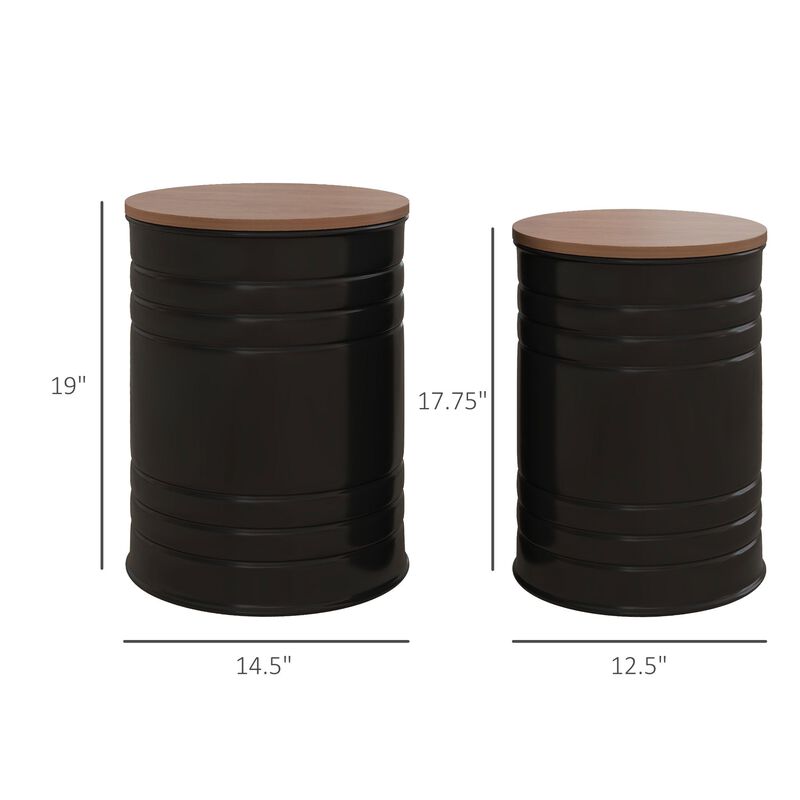 Round Storage Ottoman Set: Nesting, Wooden Lid, Metal Frame
