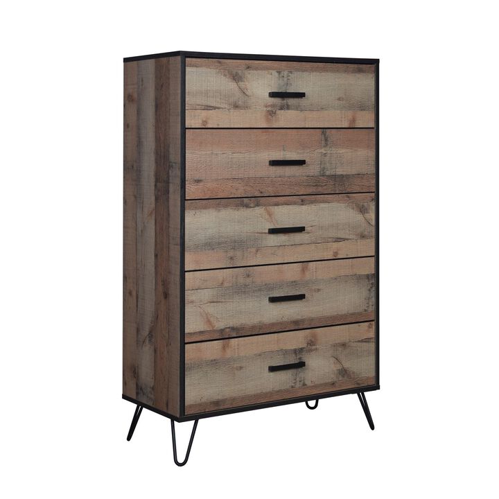 Benjara Lala 50 Inch Tall Dresser Chest, 5 Drawers, Handles, Rustic, Brown, Black