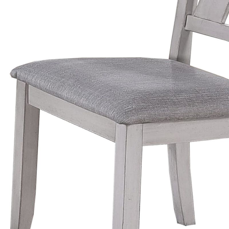 Wooden Side Chair with Fabric Upholstered Seat, Set of 2, White and Gray - Benzara