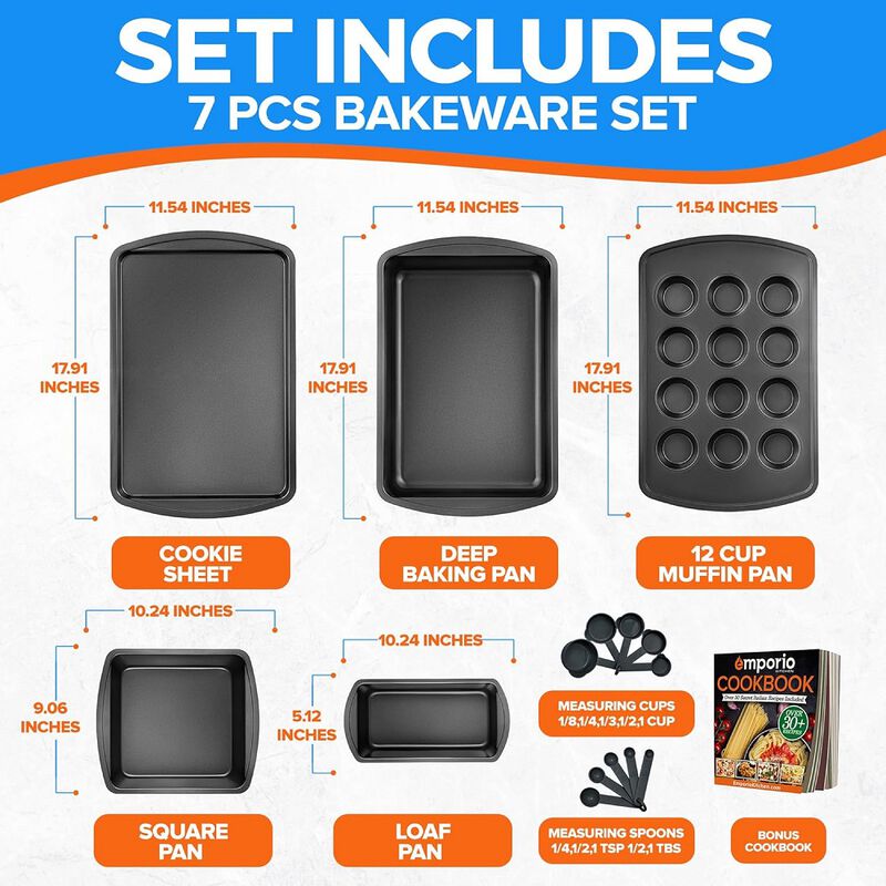 Stackable Baking Pan Set - Deluxe Nonstick White Marble Coating, Carbon Steel Bakeware Sets, PFOA, PFOS, PTFE Free, Recipe Booklet Included, Oven Safe (Up to 450°F), Set of 7 - Black