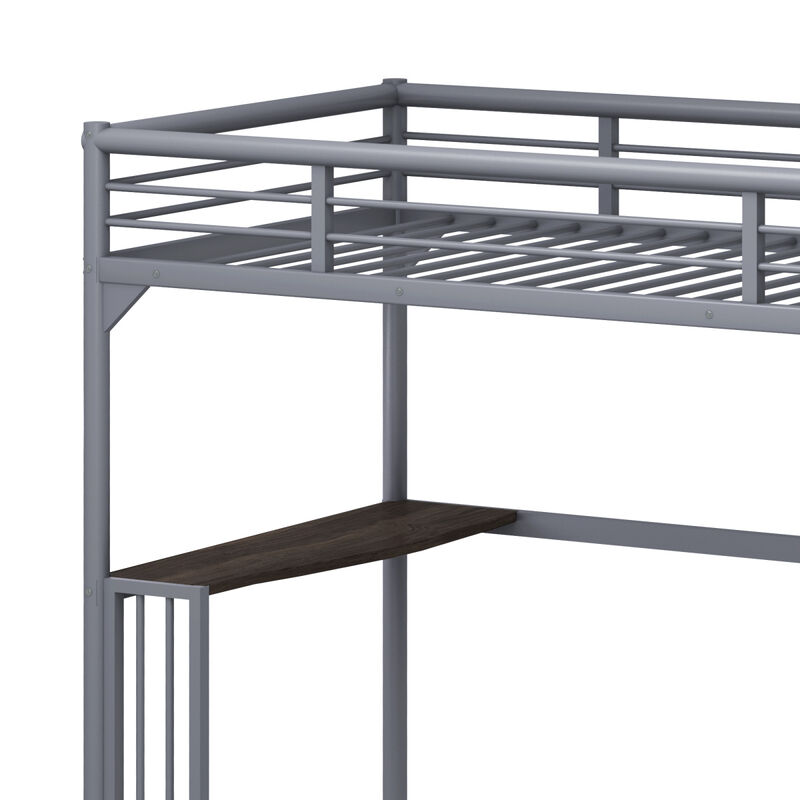 Twin Metal Loft Bed With Desk, Ladder And Guardrails, Bookdesk Under Bed