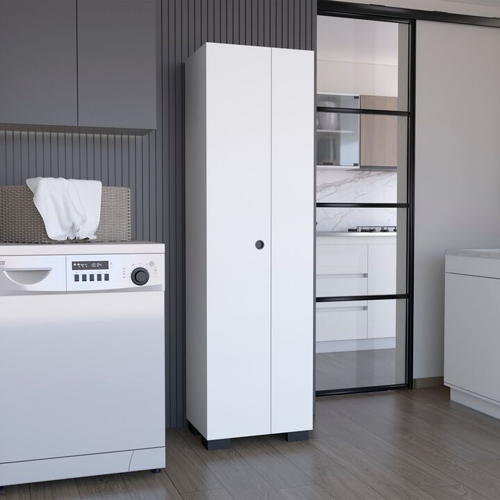 DEPOT E-SHOP Attica Broom Cabinet Double-Door Design with Inner Shelves and Side Hangers, White