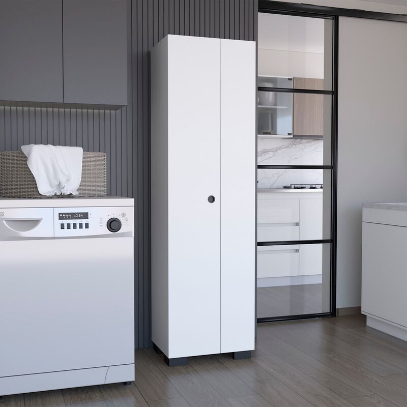 DEPOT E-SHOP Attica Broom Cabinet Double-Door Design with Inner Shelves and Side Hangers, White