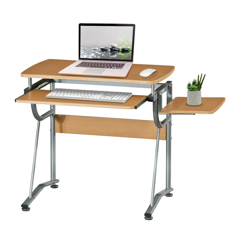 Compact Computer Desk with Side Shelf and Keyboard Panel, Cherry
