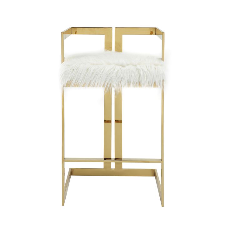 Suki 30 Inch Barstool Chair, White Faux Fur Seat, Stainless Steel, Gold - Benzara