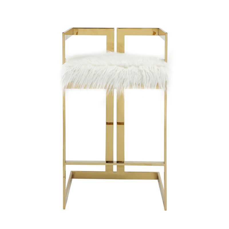 Suki 30 Inch Barstool Chair, White Faux Fur Seat, Stainless Steel, Gold - Benzara