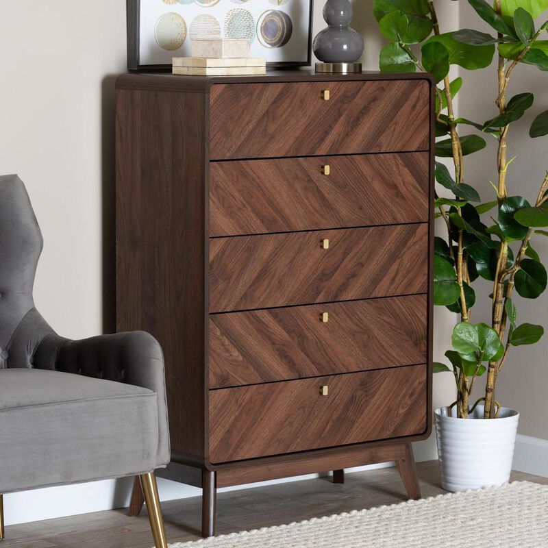 Baxton Studio Transitional Walnut Brown Finished Wood 5-Drawer Storage Chest