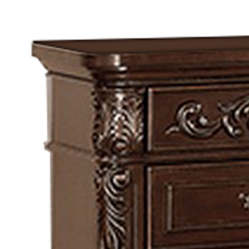 30 Inches 3 Drawer Engraved Wooden Nightstand, Brown-Benzara