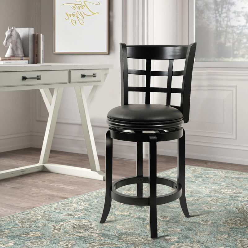 Sabi 24 inch Swivel Counter Stool, Solid Wood, Faux Leather, Brown, Black-Benzara
