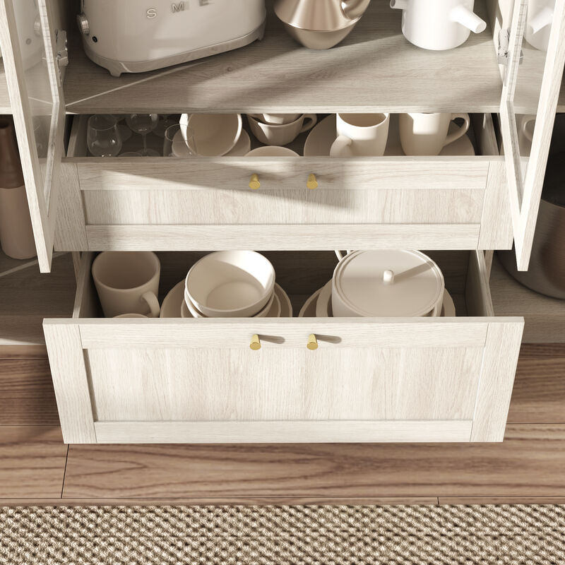 FUFU&GAGA Modern Wood Grain Food Pantry Cabinet with Adjustable Shelves and Lockable Drawers (63" W x 70.9" H x 15.7" D), Elegant Glass Doors and Brass Pull Handles