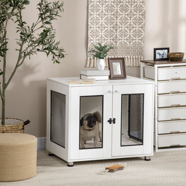 White Pet Furniture: Dog Crate End Table with Cushion