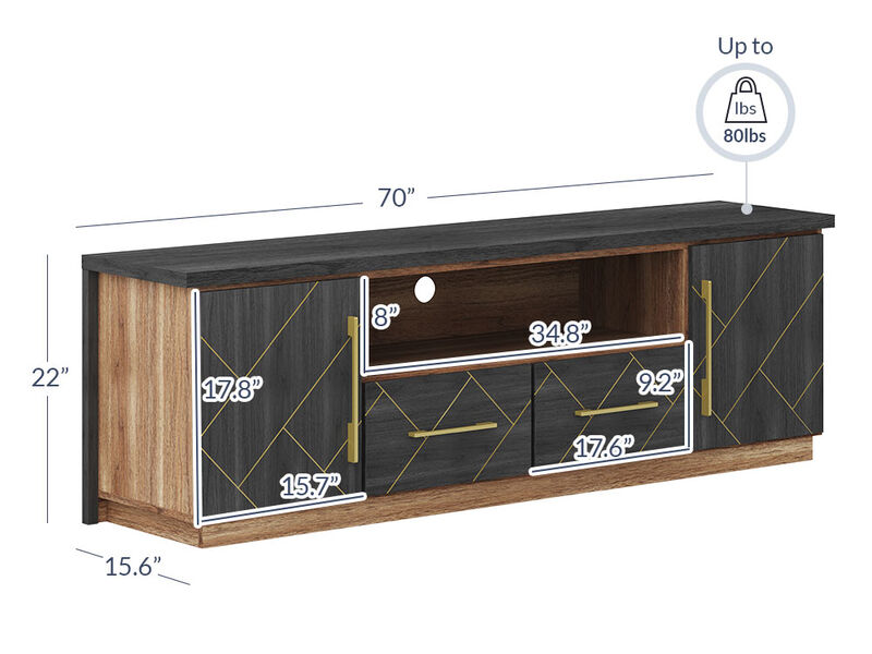 BELLEZE 70 Inch Modern TV Stands for Living room, Entertainment Center With Storage, Media Console Table with 2 Drawers and Open Shelves for Living Room, Bedroom (Espresso Black)