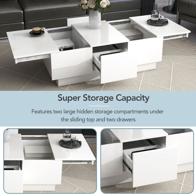 White Multi-Storage Coffee Table, 39.3"x21.6"