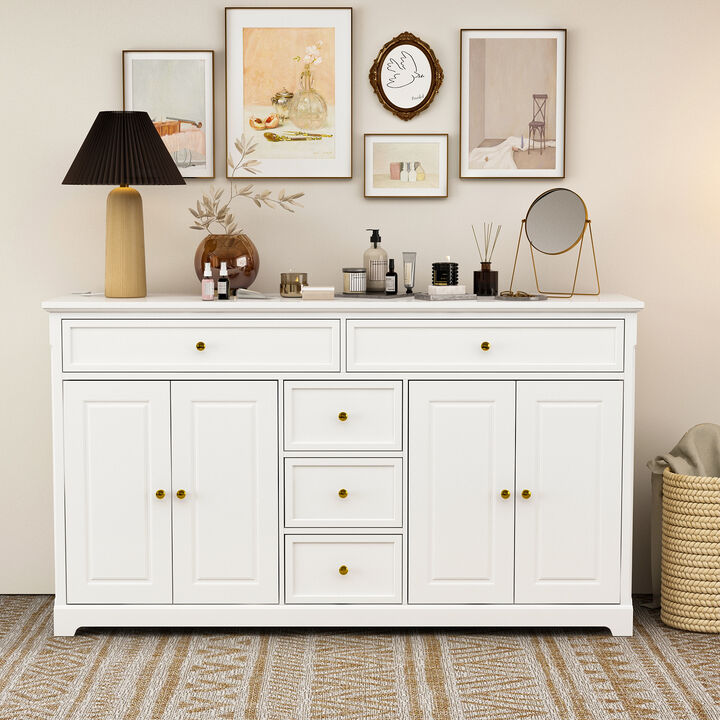 White Wooden Sideboard with 2 Large Drawers, 3 Small Drawers and 2 Cabinets 59.1 in. W 33.5 in. H x 15.7 in. D
