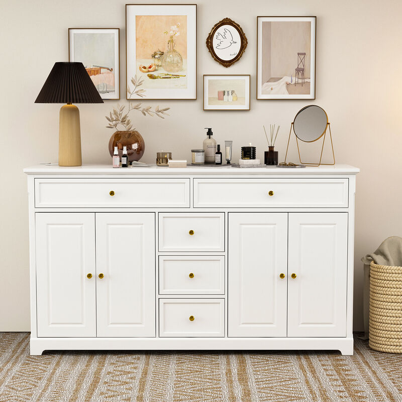 White Wooden Sideboard with 2 Large Drawers, 3 Small Drawers and 2 Cabinets 59.1 in. W 33.5 in. H x 15.7 in. D