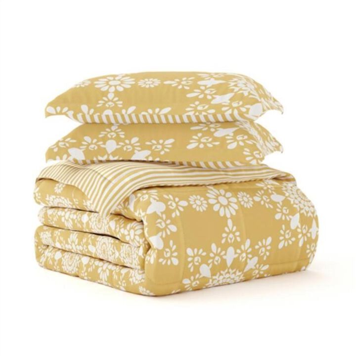 Hivvago King Size 3 Piece Yellow Reversible Daisy Medallion Stripped Comforter Set