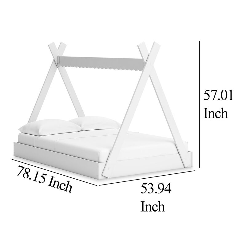 Kally Full Size Floor Bed, Tent Style Design, Matte White Wood - Benzara