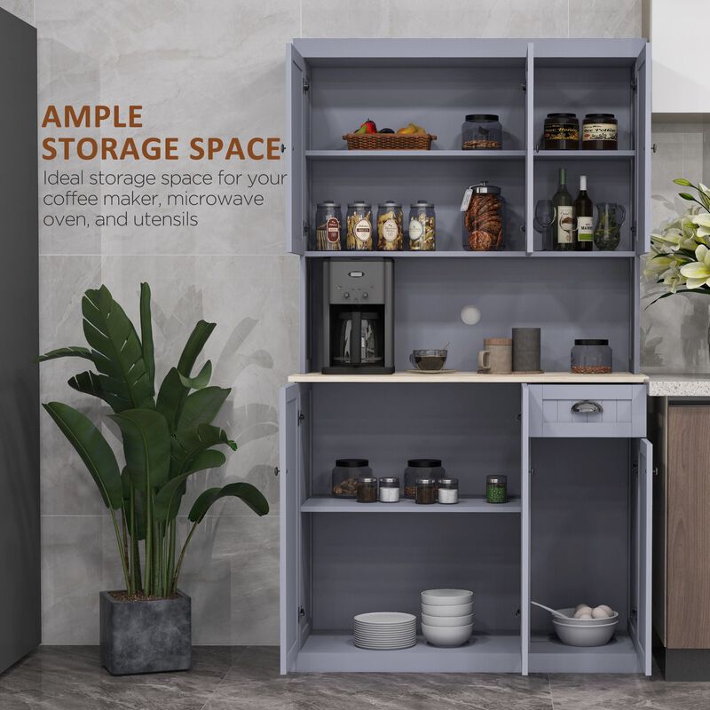 71" Farmhouse Buffet Hutch: Gray, Microwave Space, Adjustable Shelves