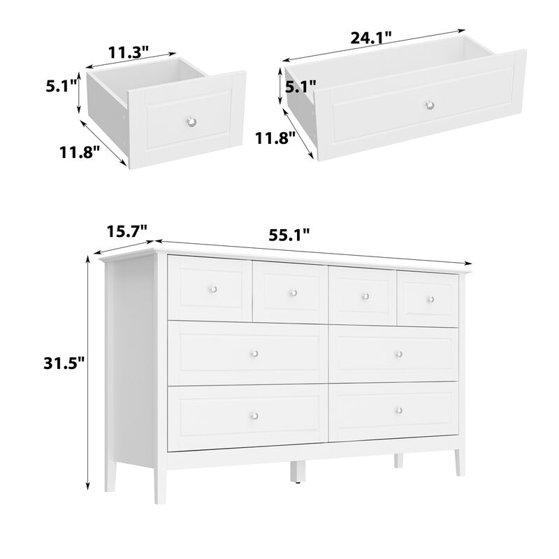 31.5 in. H x 55.1 in. W x 15.7 in. D 8-Drawer White Paint Finish Dresser Chest of Drawers Cabinet