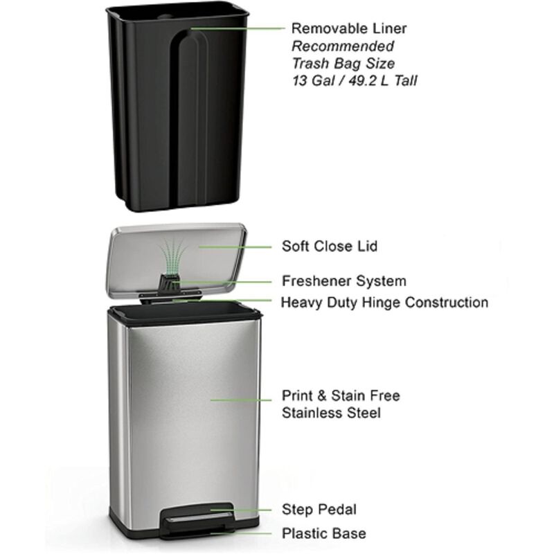 Stainless Steel Trash Can with Step Lid Kitchen Waste Bin for Easy Disposal & Cleanup