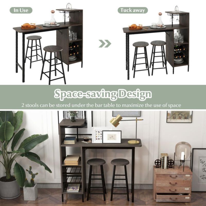 Hivvago 3 Piece Bar Table and Chairs Set with 6-Bottle Wine Rack