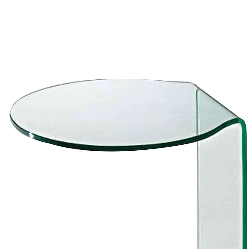 24 Inch Curved Glass End Table, Cylindrical Design, Caster Wheels, Clear - Benzara