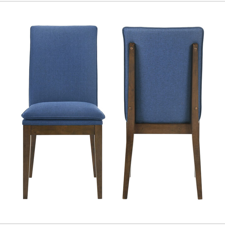 Nick 25 Inch Dining Chair Set of 2, Cushioned, Walnut Brown Legs, Blue - Benzara