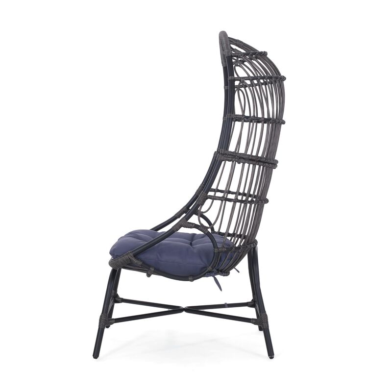 Elena Outdoor Chair, Basket Shape, Gray Fabric, Black PE Rattan, Iron - Benzara