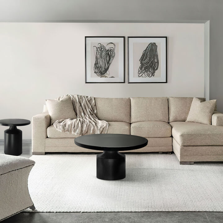 Zoe 30 Inch Round Coffee Table with Pedestal Base, Sleek Modern Silhouette, Matte Black Powder Coated Metal - Benzara