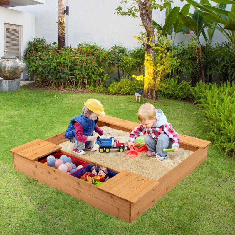 Hivvago Kids Wooden Sandbox with Bench Seats and Storage Boxes