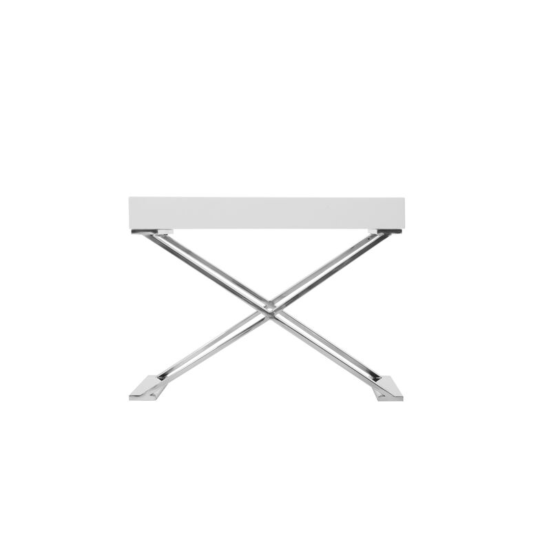 Rix 21 Inch Side End Table, 1 Drawer, X Shape Steel Legs, White Wood Top - Benzara