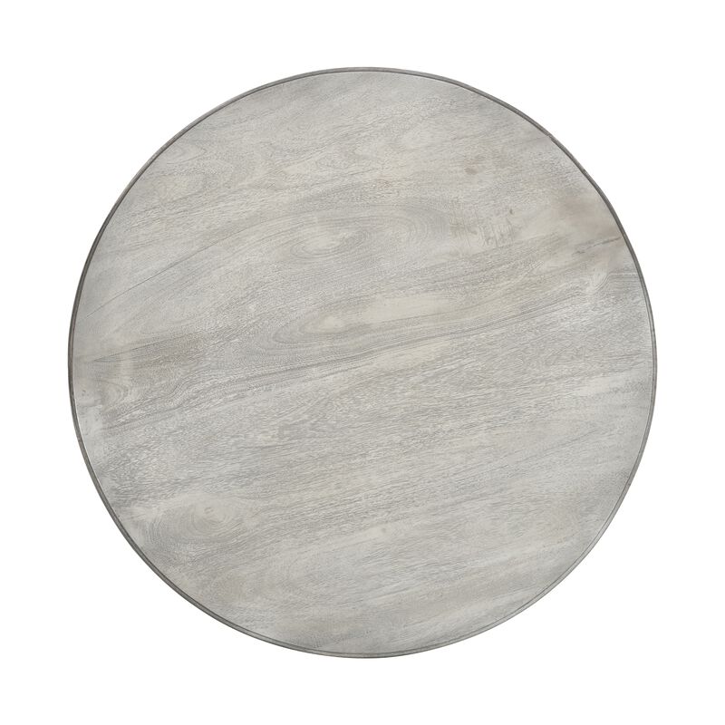 42 Inch Handcrafted Mango Wood Dining Table, Pedestal Base, Round Molded Top, Washed White, Gray-Benzara