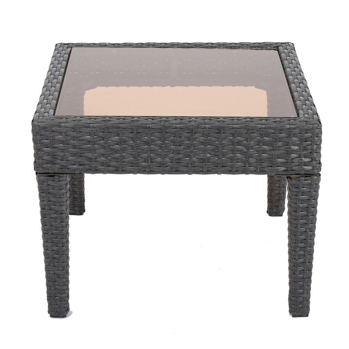 Annie Outdoor Square Accent Table, Tempered Glass, 20 Inch Gray Wicker - Benzara